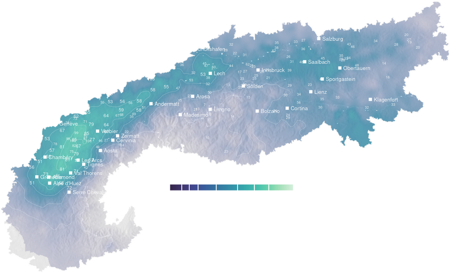 6-day cumulative precipitation forecast for the Alps