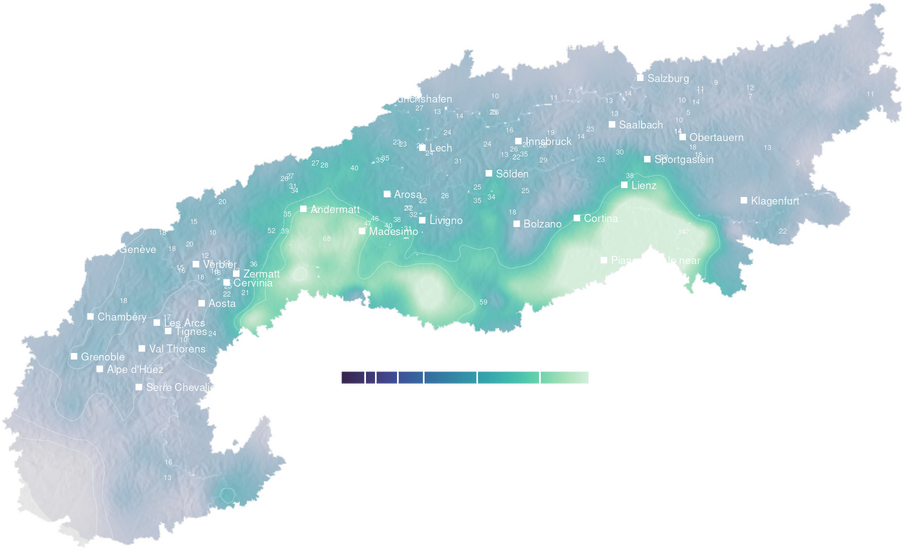 Precipitation forecast map for the Alps for Thu, Oct 22
