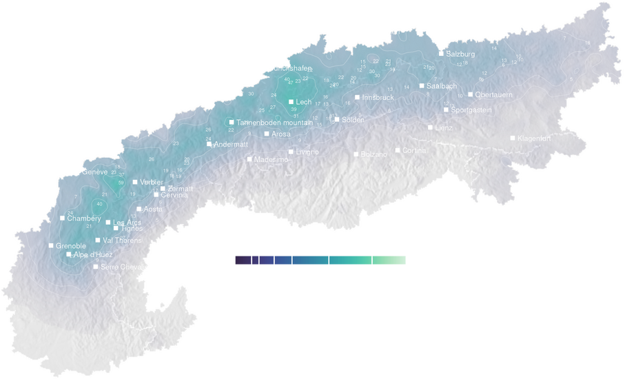 Precipitation forecast map for the Alps for Sun, Oct 25