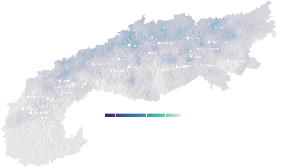 Precipitation forecast map for the Alps for Sat, Oct 10