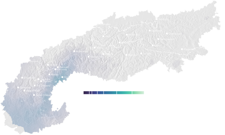 Precipitation forecast map for the Alps for Mon, Oct 19