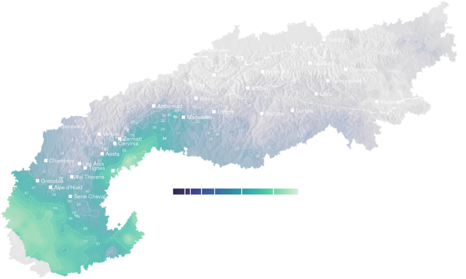 Precipitation forecast map for the Alps for Tue, Oct 20
