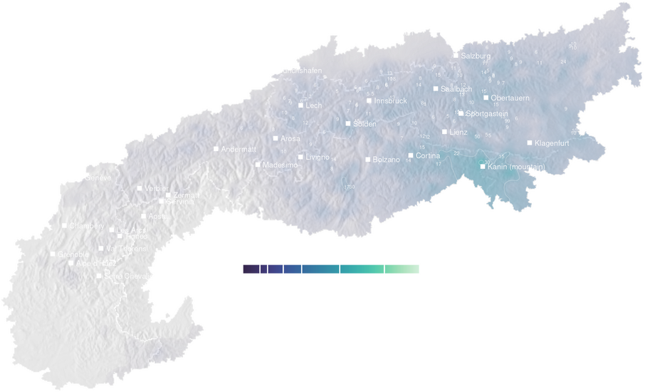 Precipitation forecast map for the Alps for Thu, Oct 22