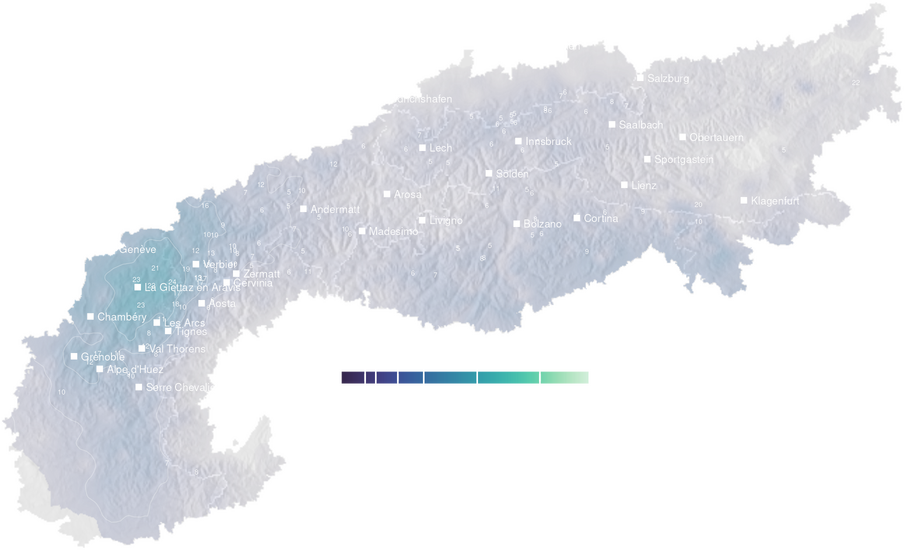Precipitation amount forecast for the Alps tomorrow