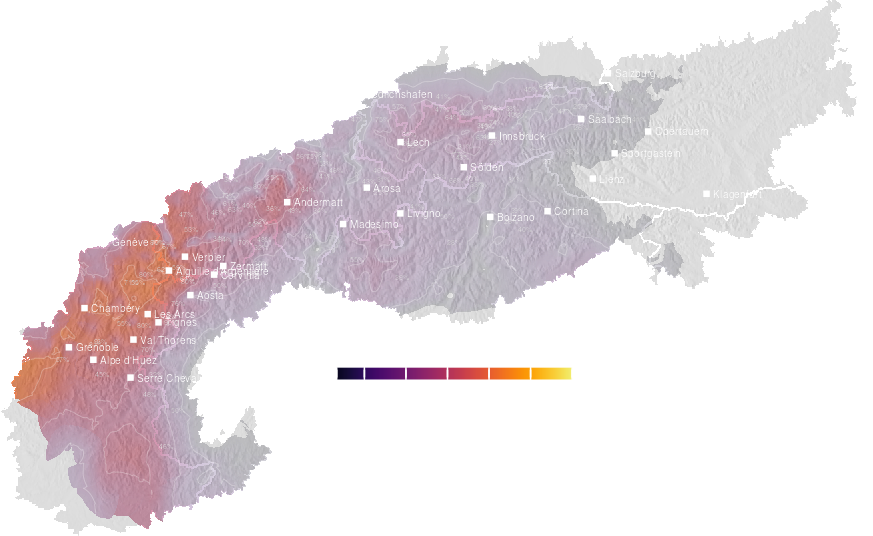 Precipitation probability forecast for the Alps tomorrow