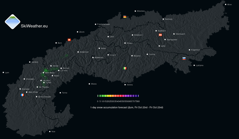 Animated multi-day snow accumulation outlook for the Alps
