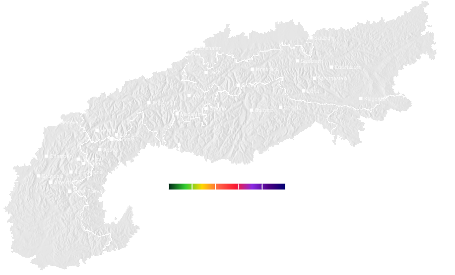 Snow accumulation forecast map for the Alps