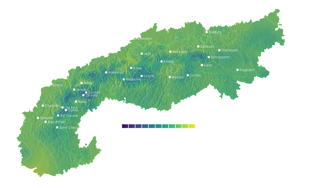 Temperature forecast map for the Alps