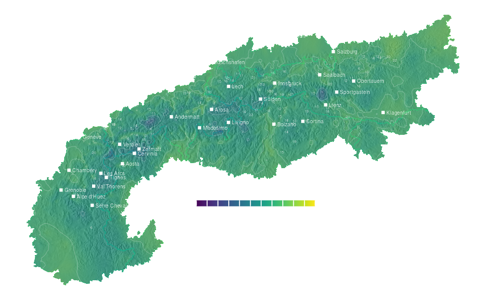 Temperature forecast map for the Alps for Sun, Oct 4