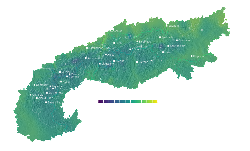Temperature forecast map for the Alps for Thu, Oct 8