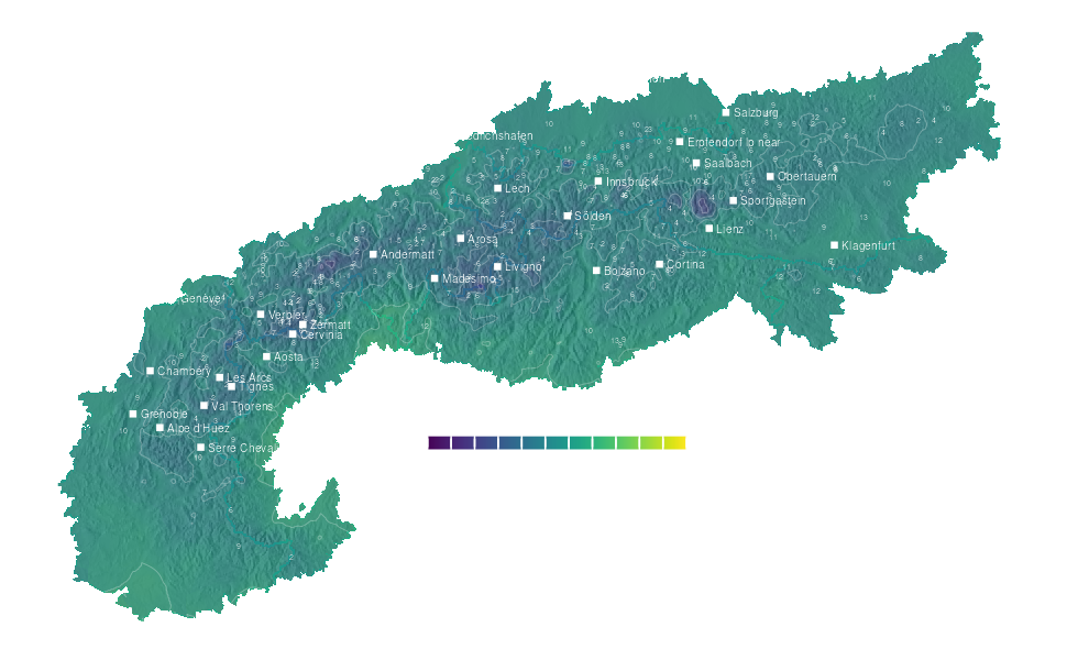 Temperature forecast map for the Alps for Thu, Oct 22