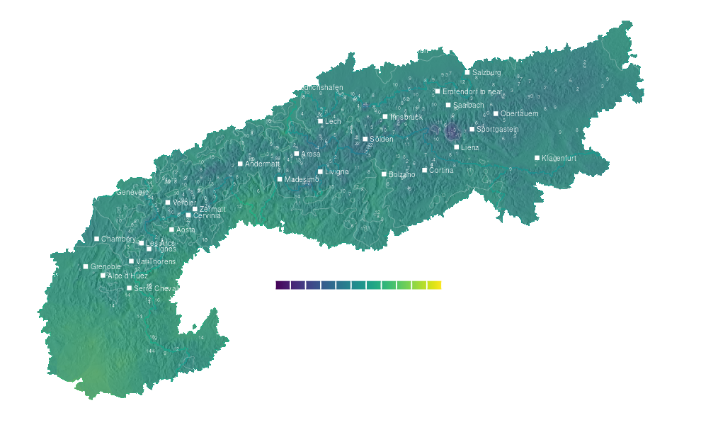 Temperature forecast map for the Alps for Mon, Oct 26