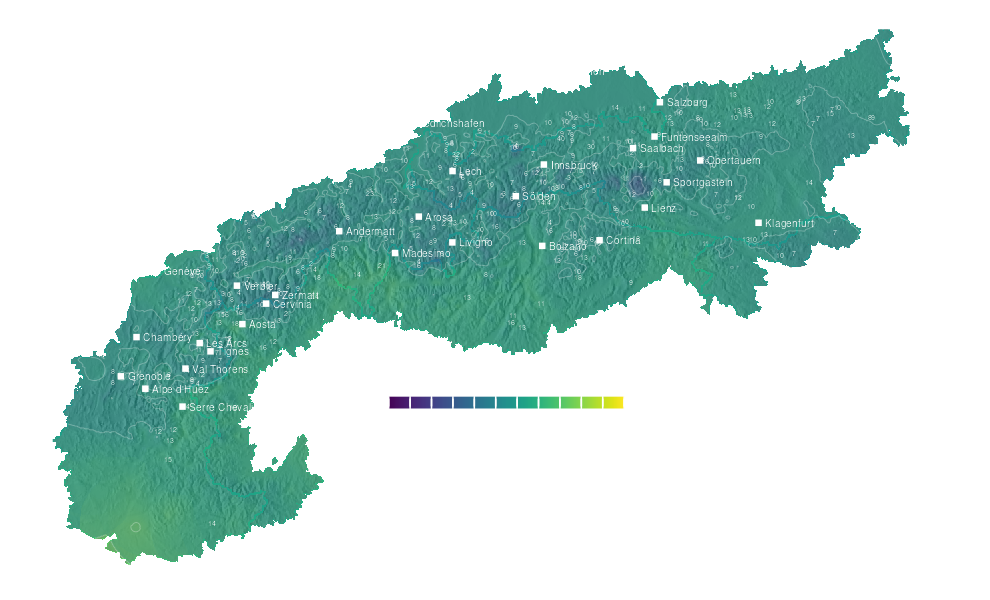 Temperature forecast map for the Alps for Wed, Oct 28