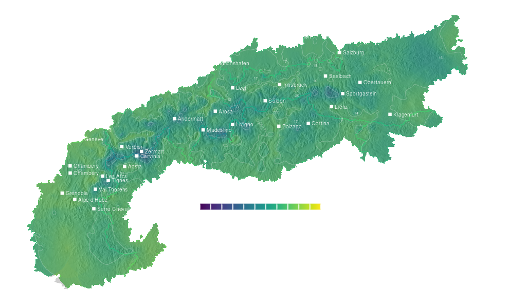 Temperature forecast map for the Alps for Sat, Sep 26