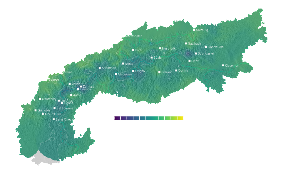 Temperature forecast map for the Alps for Sun, Sep 27