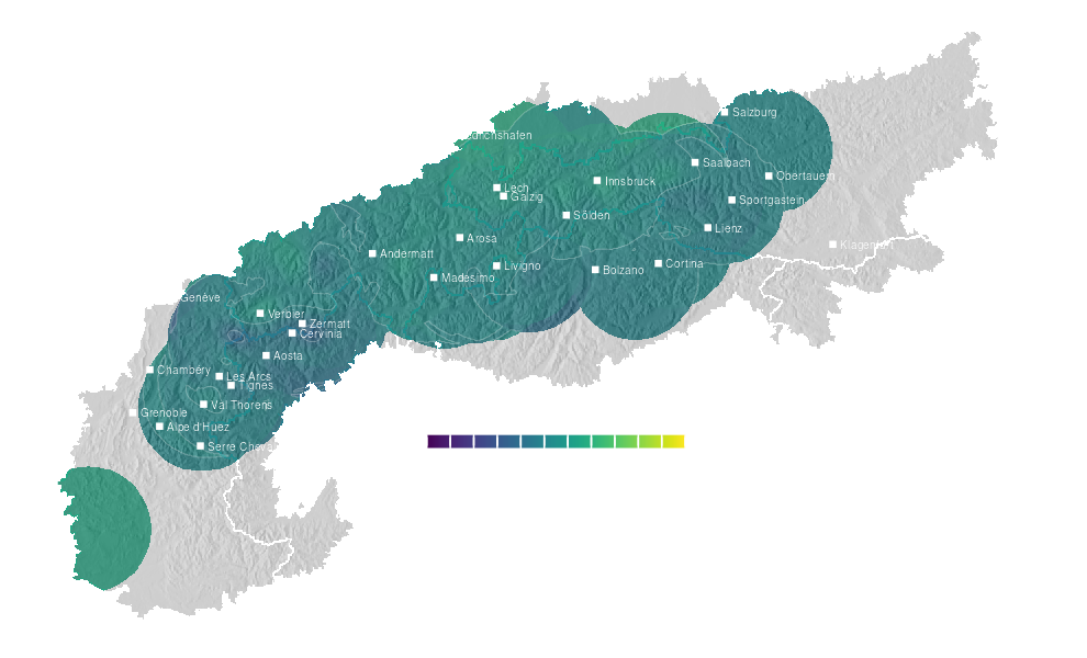 Temperature forecast map for the Alps for Mon, Sep 28