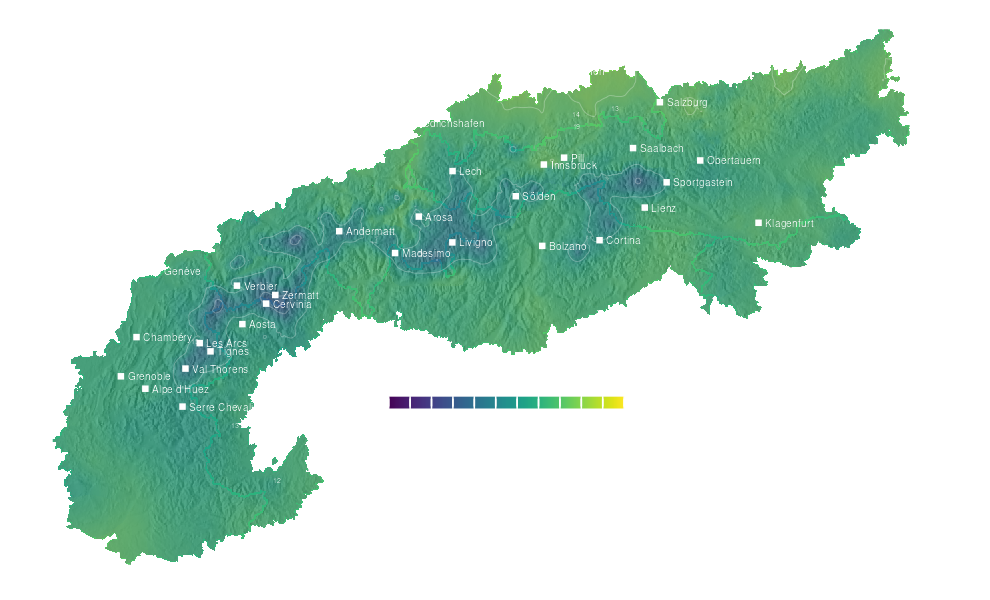 Temperature forecast map for the Alps for Thu, Oct 1