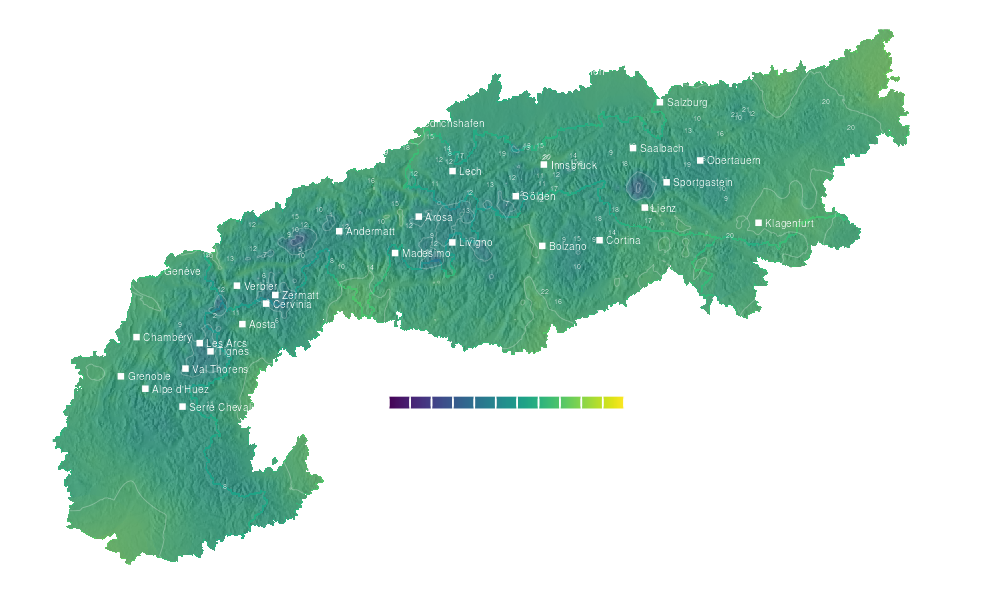 Temperature forecast map for the Alps for Fri, Oct 2