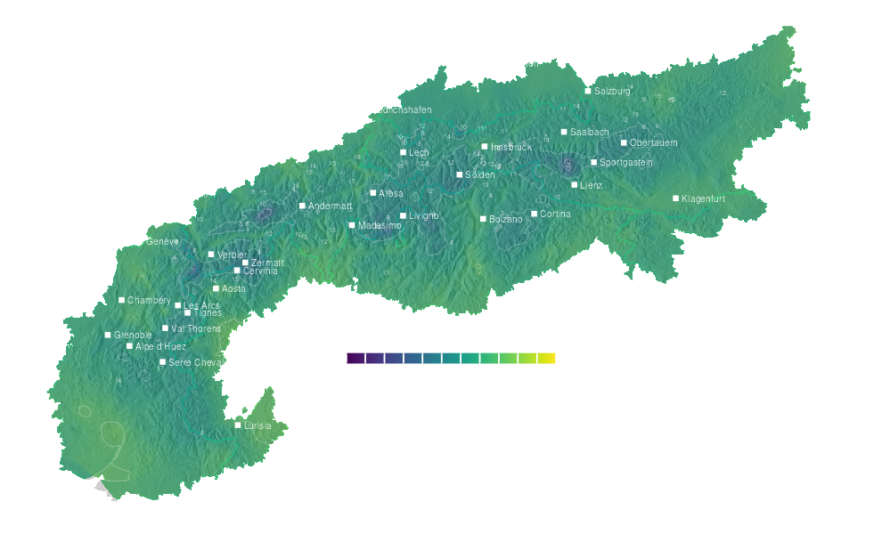 Temperature forecast map for the Alps for Mon, Oct 5