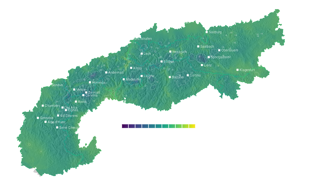 Temperature forecast map for the Alps for Tue, Oct 6