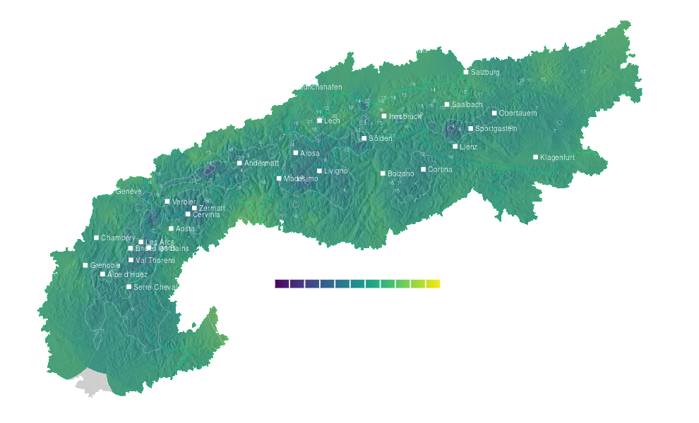 Temperature forecast map for the Alps for Wed, Oct 7