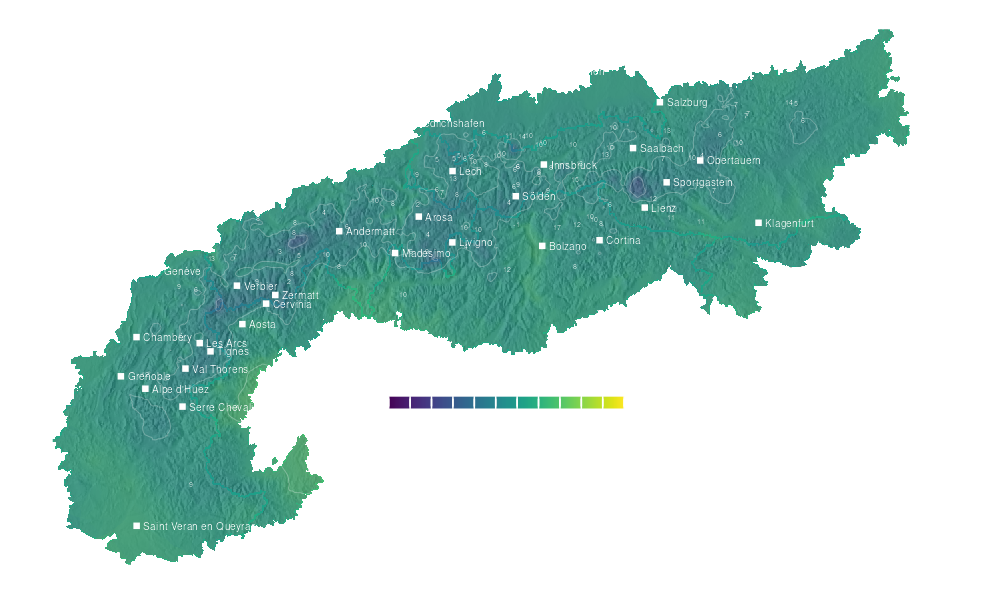 Temperature forecast map for the Alps for Sat, Oct 10