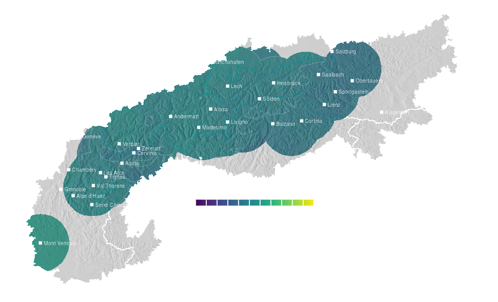 Temperature forecast map for the Alps for Wed, Oct 14