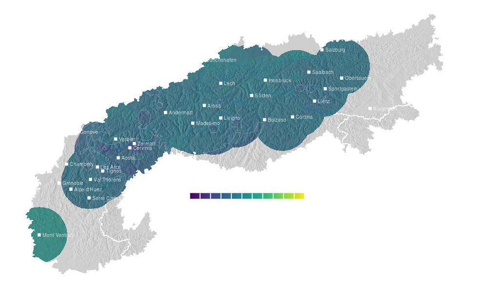 Temperature forecast map for the Alps for Sat, Oct 17