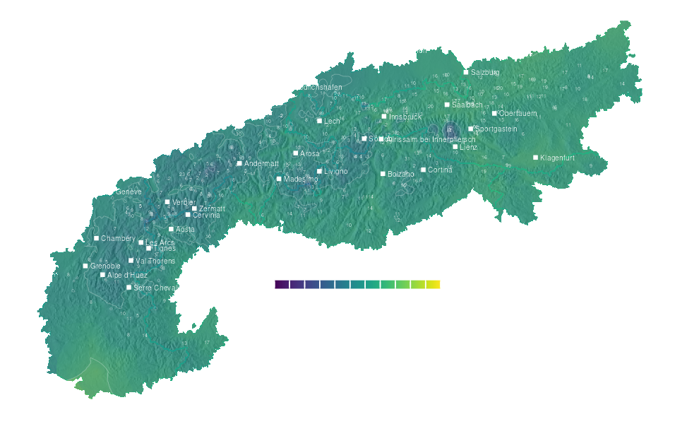 Temperature forecast map for the Alps for Sun, Oct 18