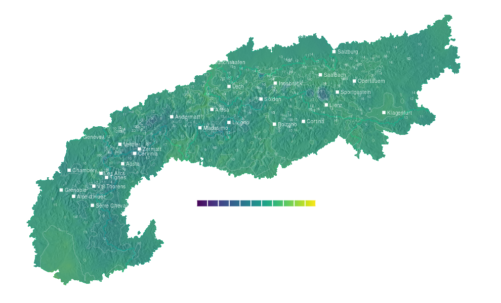 Temperature forecast map for the Alps for Mon, Oct 19